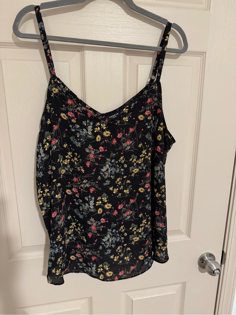 torrid Black Floral V-Neck Spaghetti Strap Blouse with Red & Yellow Flowers